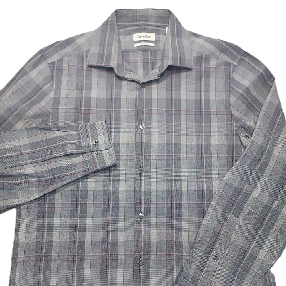 Calvin Klein Mens M (15-15.5) Dress Shirt Slim Fit Button Down Long Sleeve Plaid